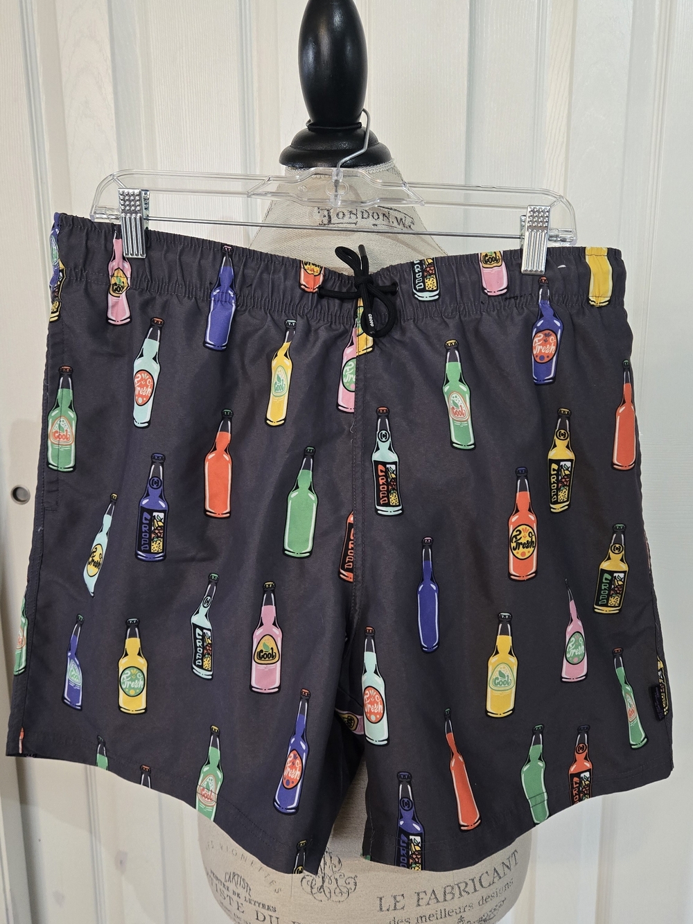 Black Swim Trunks with Multicolor Bottle Print